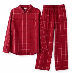 Cozy Earth Sutton Long Sleeve Pajama Top Garnet Windowpane Red Plaid Medium NEW